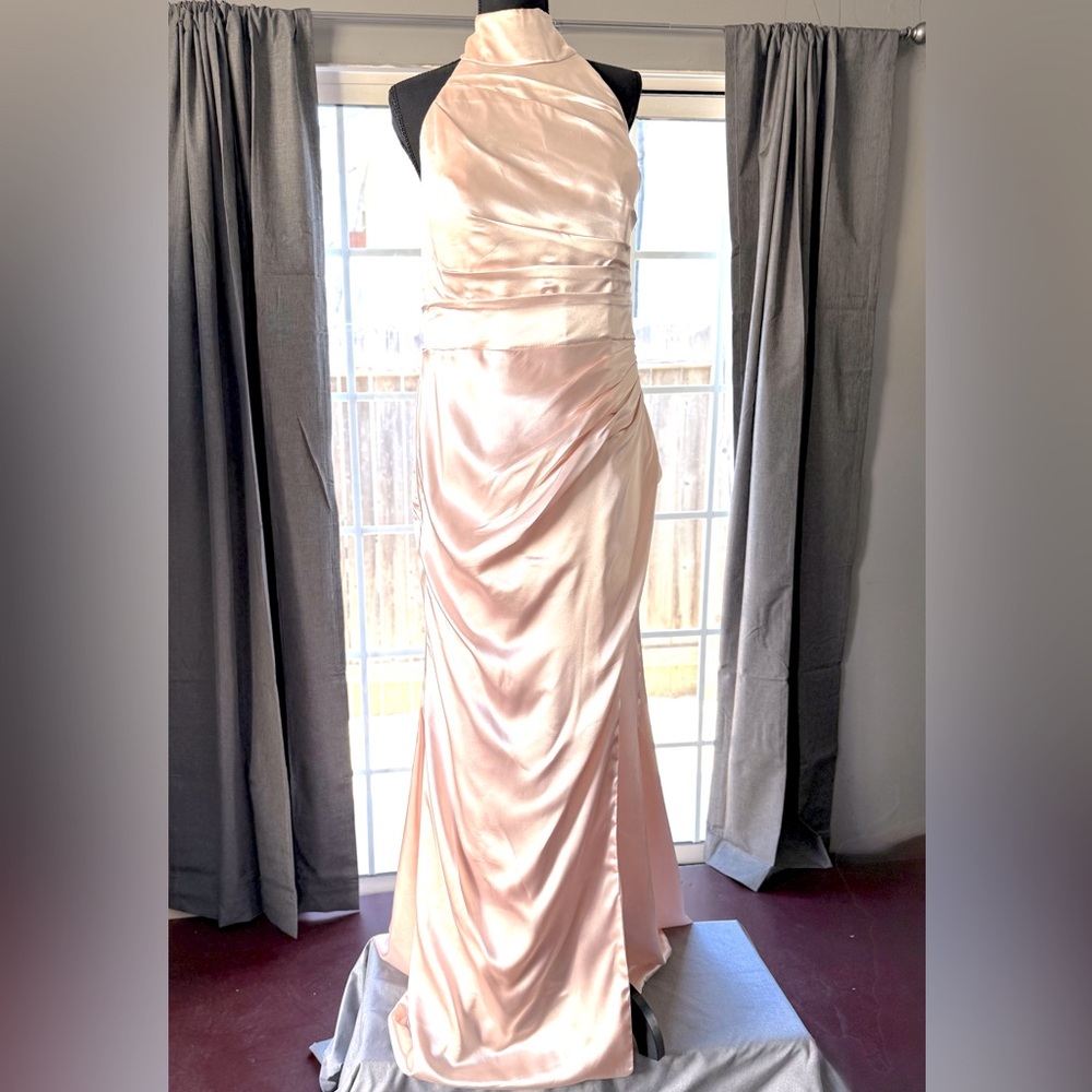 High neck w/bow back waist and hips w/fitted pleats leg open mermaid cut w/tail